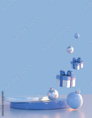 3D blue winter empty podium for Christmas or New Year sale, clean background with copy space, gift boxes and Christmas balls