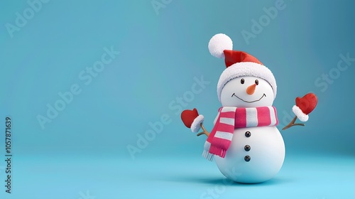 cute snowman with knitted hat and scarf on blue background, copy space, Perfect for Christmas design