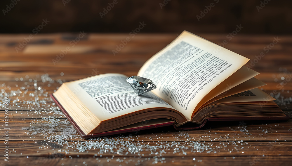 image of open antique book and diamond on wooden table with glitter overlay isolated with white highlights, png image of open antique book and diamond on wooden table with glitter overlay isolated with white highlights, png