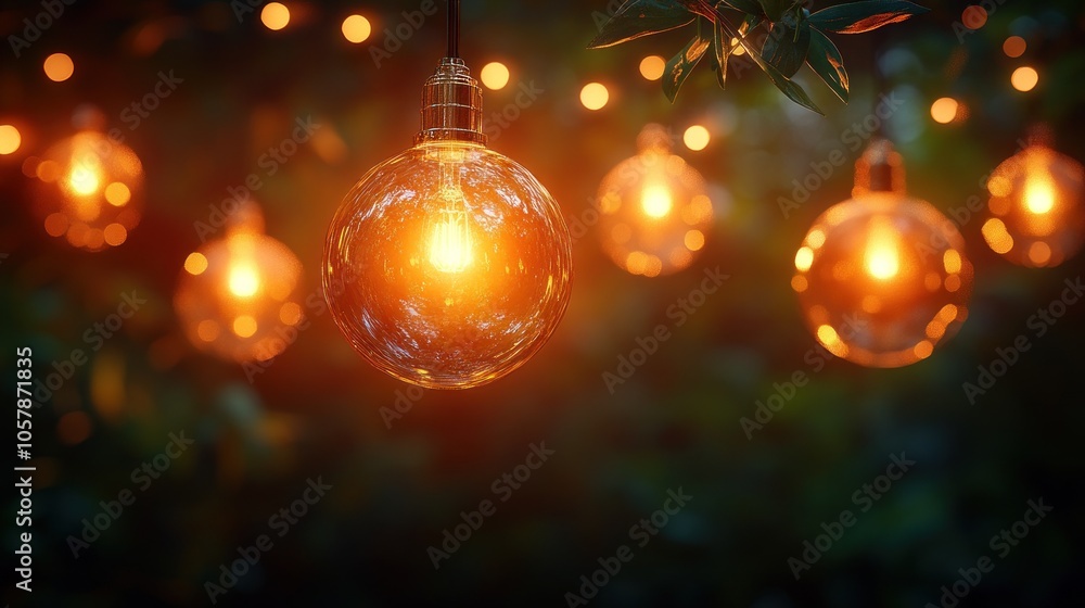 Warm, glowing string lights hang from tree branches against a dark background. Warm, glowing string lights hang from tree branches against a dark background.