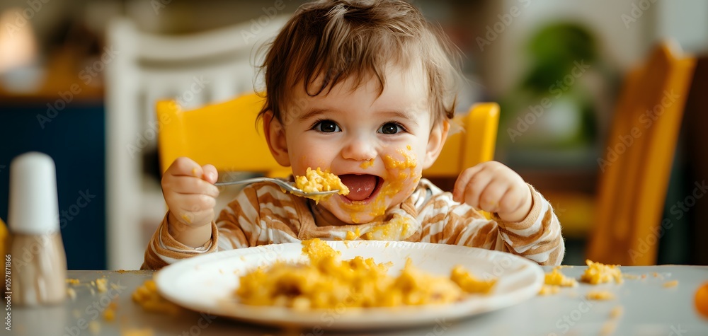 A cheerful baby happily enjoying a meal, surrounded by excitement and mess, capturing the joy of family dining moments. A cheerful baby happily enjoying a meal, surrounded by excitement and mess, capturing the joy of family dining moments.