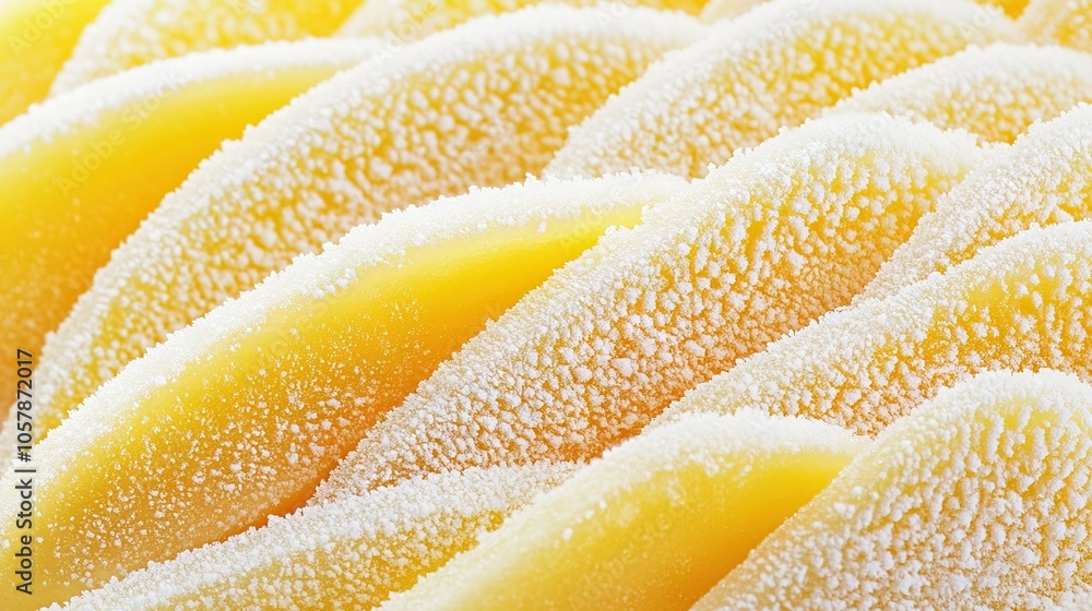 A macro photo of a slice of cake adorned with a layer of yellow and white frosting on top A macro photo of a slice of cake adorned with a layer of yellow and white frosting on top