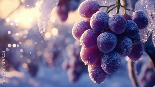   A photo of closely zoomed grapes on a leafy branch, with icy leaves and water droplets on the branches