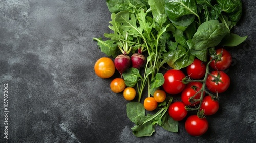 Salad of fresh cherry tomatoes, arugula, spinach, young beet leaves and other greens on a dark concrete background 