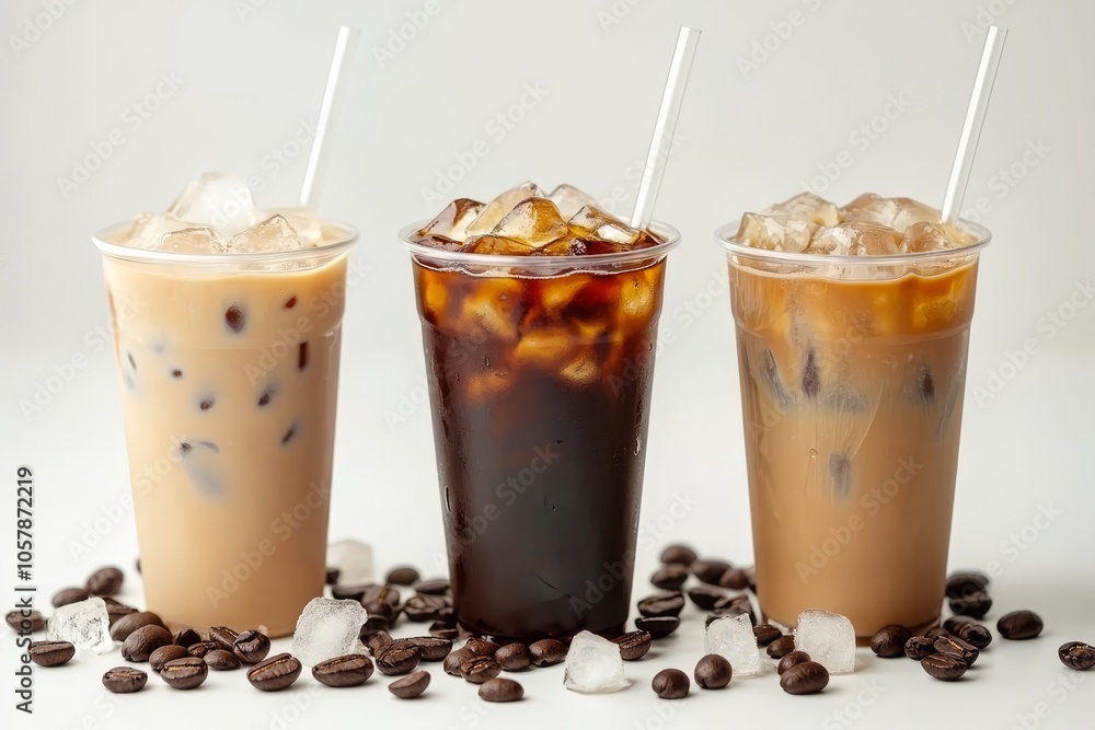 Iced coffee trio in clear cups, each showing a different milk ratio, ice cubes, and straws Iced coffee trio in clear cups, each showing a different milk ratio, ice cubes, and straws