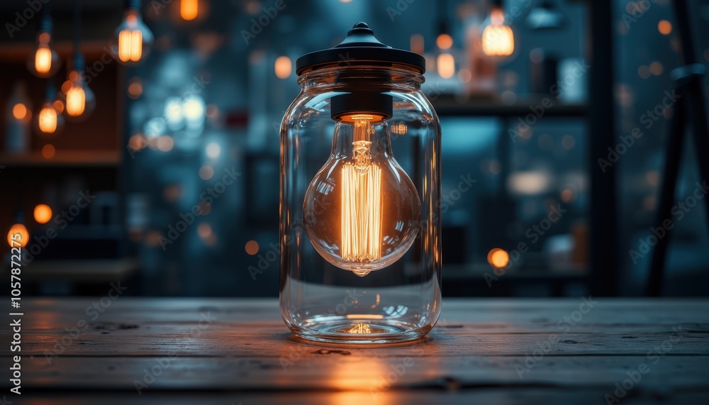 Light Bulb in Glass Jar on Wooden Table with Soft Lighting Light Bulb in Glass Jar on Wooden Table with Soft Lighting