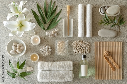 Relaxing spa arrangement with towels, stones, and natural elements on a textu...