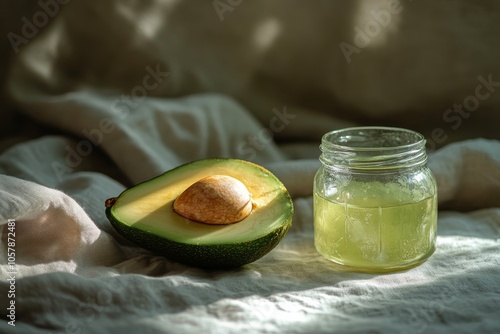 Fresh avocado and glass jar of green liquid on soft fabric in natural light