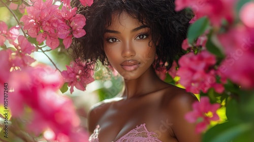 Young woman surrounded by vibrant pink flowers in a sunny garden during the g...