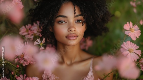 Young woman surrounded by vibrant pink flowers in a sunny garden during the g...