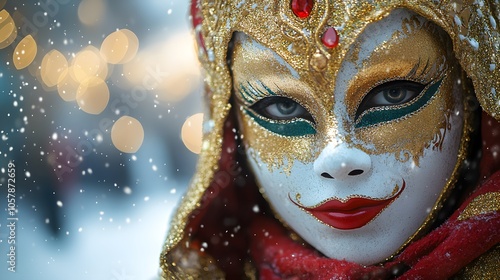 A close-up of a person wearing an ornate, theatrical mask adorned with gold, red, and green accents, exuding mystery and elegance.