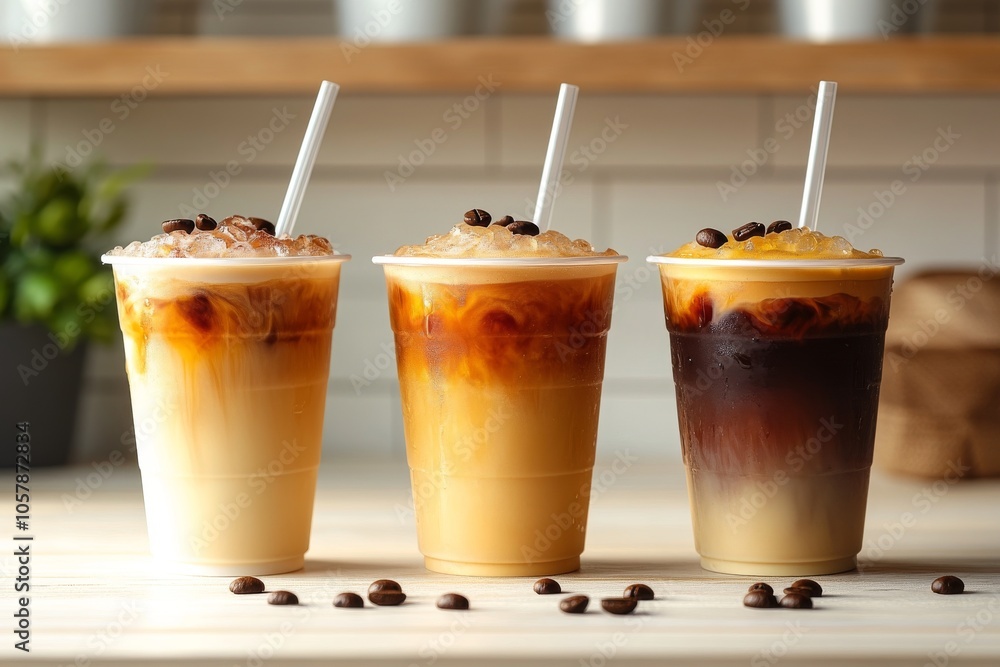 Iced coffee trio in clear cups, each showing a different milk ratio, ice cubes, and straws Iced coffee trio in clear cups, each showing a different milk ratio, ice cubes, and straws