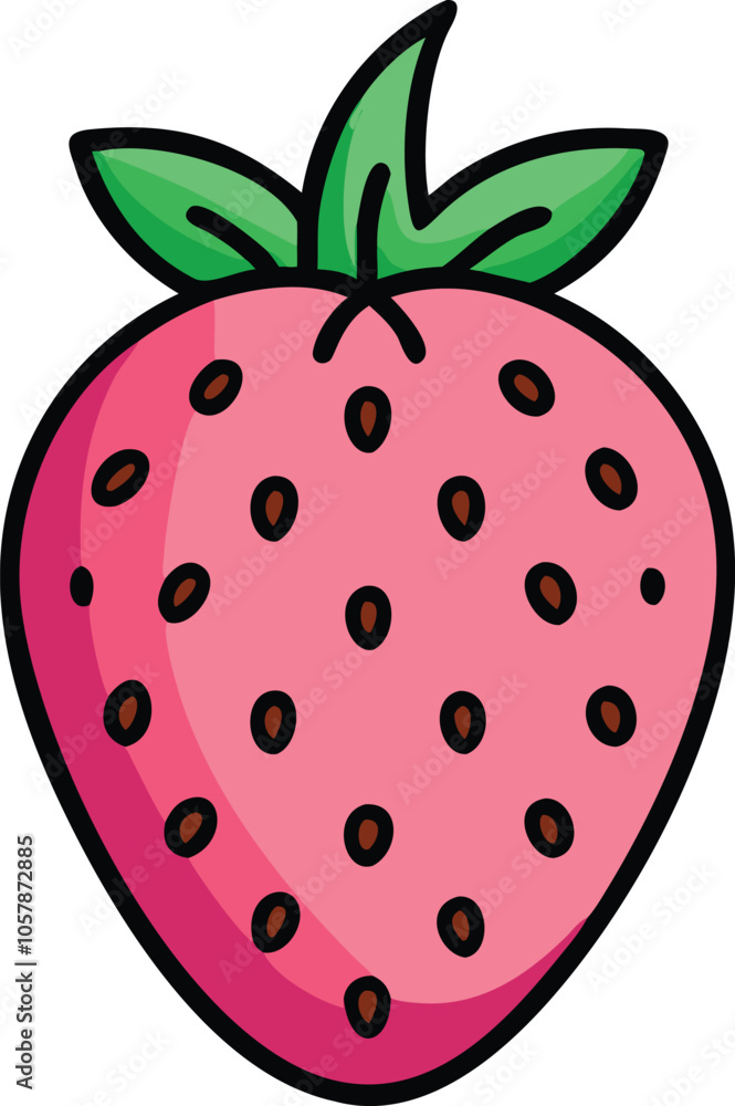 Obraz premium Strawberry Illustration with Green Leaves, Simple, vibrant illustration of a strawberry with seeds and green leaves, symbolizing freshness and sweetness in a minimalist style.