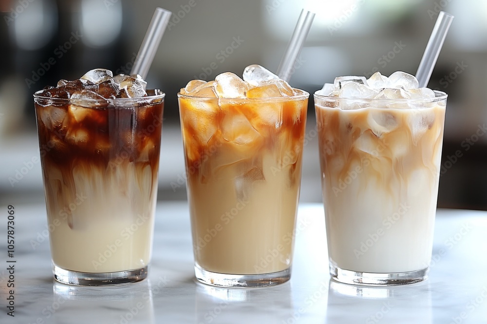 Iced coffee trio in clear cups, each showing a different milk ratio, ice cubes, and straws Iced coffee trio in clear cups, each showing a different milk ratio, ice cubes, and straws
