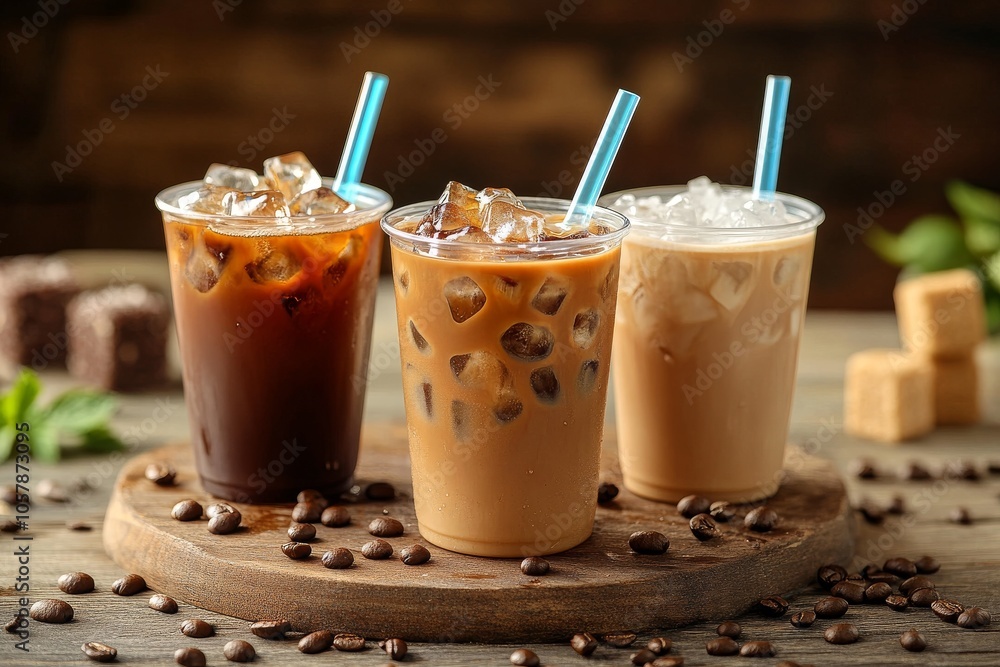 Iced coffee trio in clear cups, each showing a different milk ratio, ice cubes, and straws Iced coffee trio in clear cups, each showing a different milk ratio, ice cubes, and straws