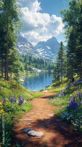 Scenic mountain pathway leading to a tranquil lake surrounded by vibrant wild...