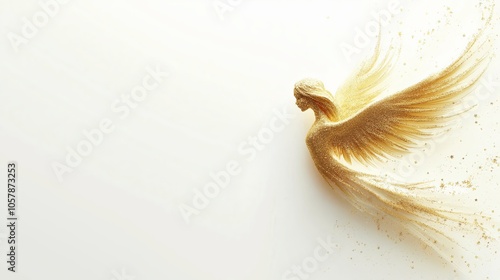 Minimalist Christmas background featuring a single angel silhouette in soft gold tones on a white backdrop. 