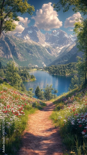 Scenic mountain pathway leading to a tranquil lake surrounded by vibrant wild...
