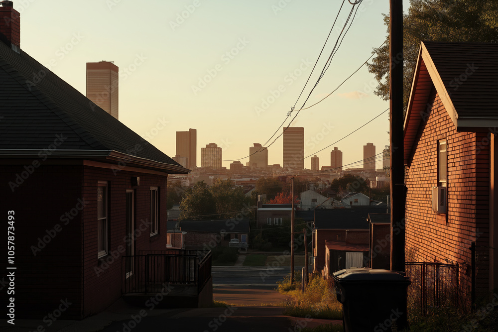Sunset view over the city skyline from a residential street in the neighborhood