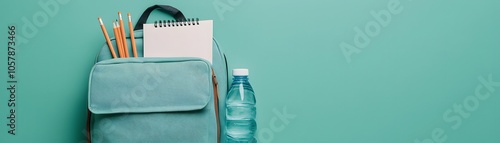 Stylish Backpack with School Supplies on Colorful Background