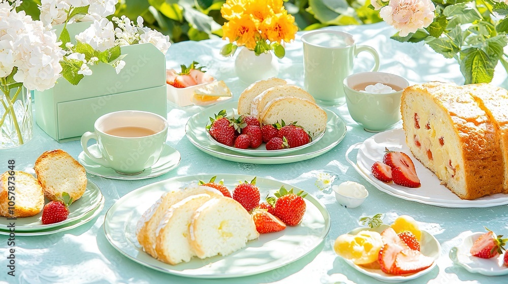 A table topped with plates of cake, tea, and strawberries A table topped with plates of cake, tea, and strawberries