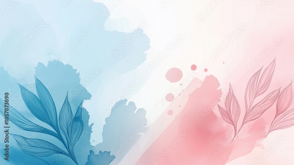 Pastel watercolor background with delicate blue and pink leaves Pastel watercolor background with delicate blue and pink leaves