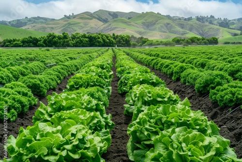 Cultivated field of lettuce growing in rows along the contour line skyscape. Neural network ai generated art photo