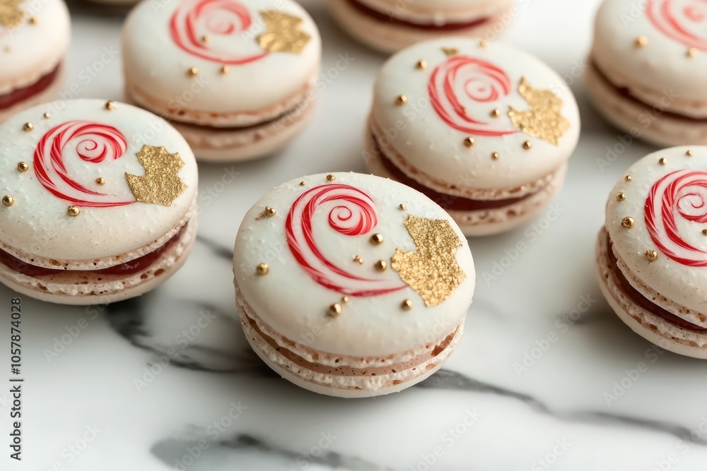 Fototapeta premium A close-up shot of Christmas-themed macarons, delicately decorated with peppermint swirls and gold leaf, arranged in a modern geometric pattern on a marble surface
