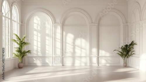 Classic white room with archways and potted plants illuminated by sunlight