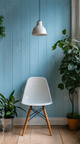 Minimalist chair in a cozy room with plants and wall clock in soft lighting