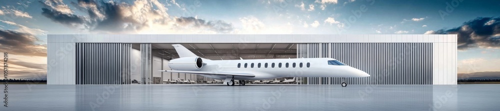 Obraz premium A modern private jet hangar with architectural features and a large roll-up door. a luxurious white private jet.