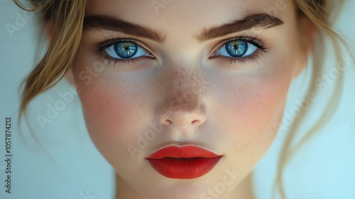 Captivating portrait of a woman with striking blue eyes and vibrant red lips ...