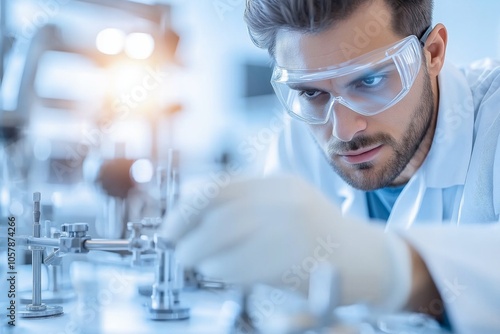 A focused technician in goggles and gloves assembling metal components in a minimalist workshop photo