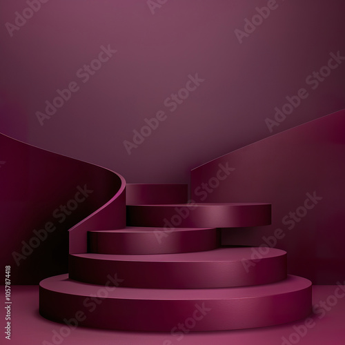 Curved Modern Minimalist Spiral Staircase podium display in Rich Burgundy Interior