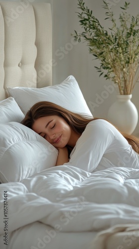 Young woman peacefully sleeping on a white bed with soft pillows in a bright ...
