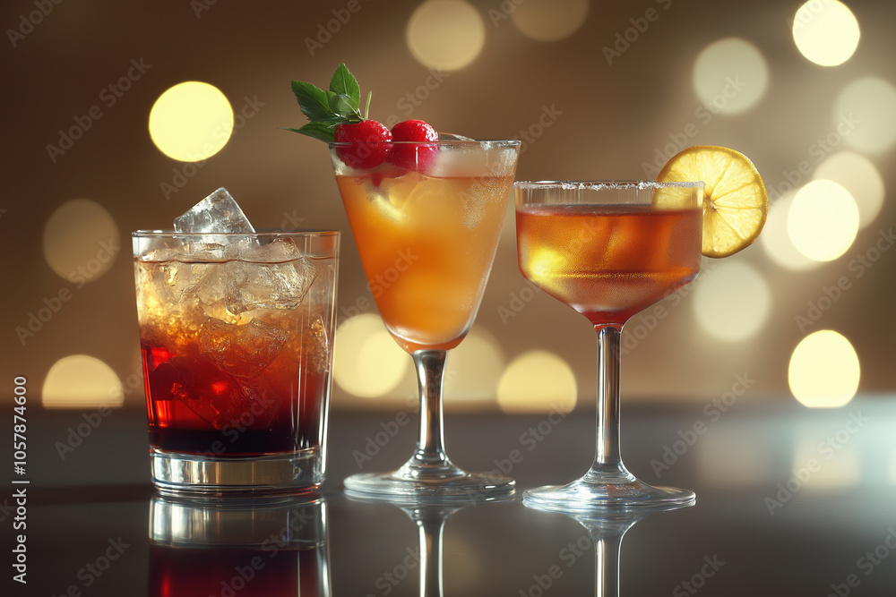 Colorful cocktails with fruits and ice served on a bar during a festive evening Colorful cocktails with fruits and ice served on a bar during a festive evening