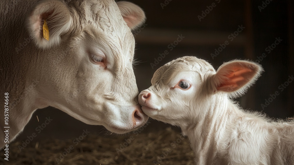 Fototapeta premium Mother cow and calf bonding in a cozy barn - heartwarming livestock farm moment captured in detail
