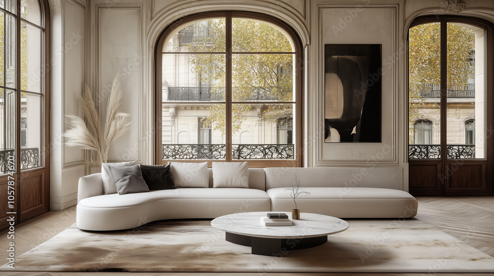 Fototapeta premium Minimalist interior design of modern living room with classic French windows and elegant decor