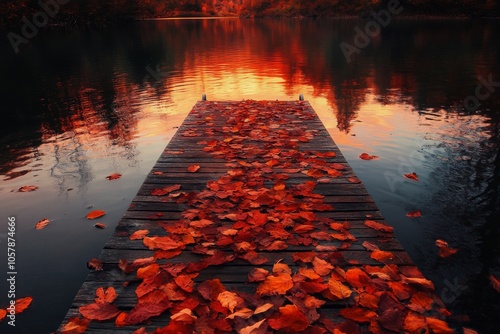 Autumn leaves scattered on a wooden dock by a calm lake at sunset reflecting ...
