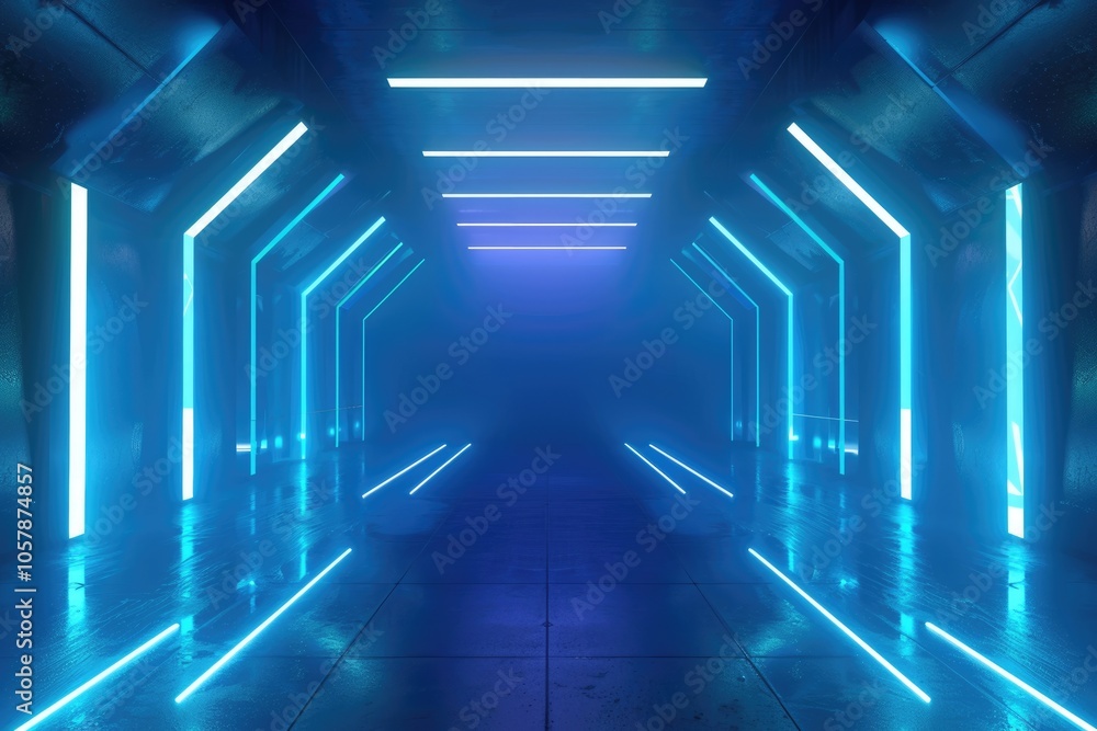 Fototapeta premium Dark background with lines and spotlights neon light night view. Abstract blue background.