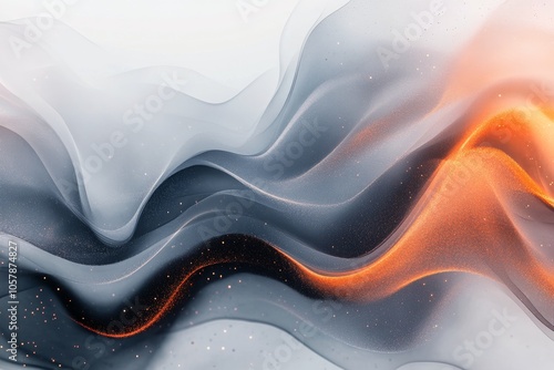 Flowing fabric waves in shades of gray and orange create a dynamic abstract c...