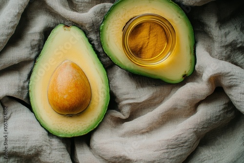 Fresh avocado and glass jar of green liquid on soft fabric in natural light