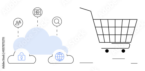 A cloud with icons representing security, people and search connectivity beside a shopping cart. Ideal for technology, cloud computing, e-commerce, online security and user data management. Simple