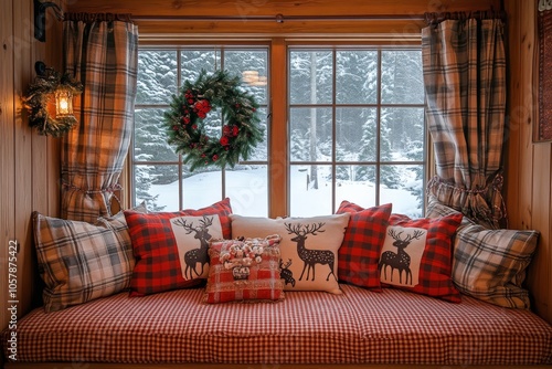 Cozy winter seating area with plaid decor overlooking a snowy landscape in a ...