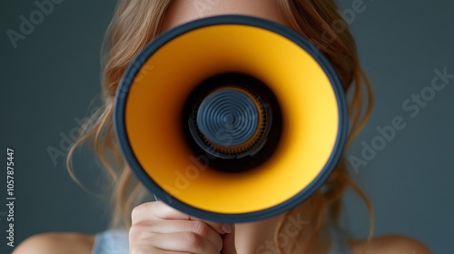 A woman speaks passionately into a megaphone while standing indoors during th...