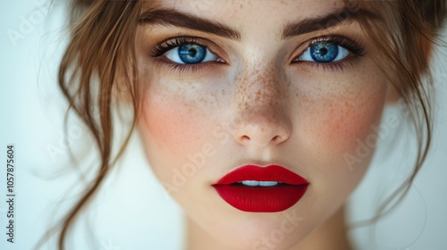 Captivating portrait of a woman with striking blue eyes and vibrant red lips ...