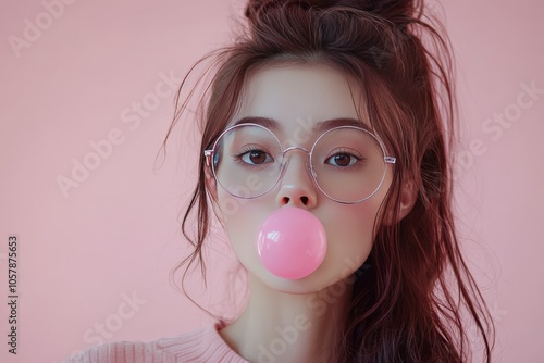 Young woman chewing bubble gum and wearing large round glasses against a past...