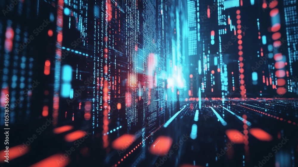Obraz premium Futuristic digital data flow with red and blue lights in a virtual space