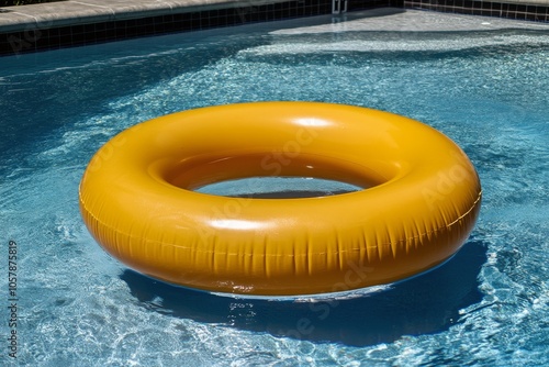 Bright yellow inflatable ring floating in a sparkling swimming pool on a sunn...