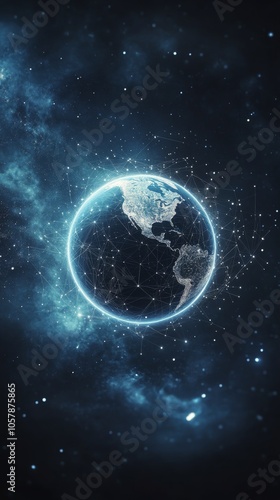 A digital representation of Earth with interconnected networks and glowing no...
